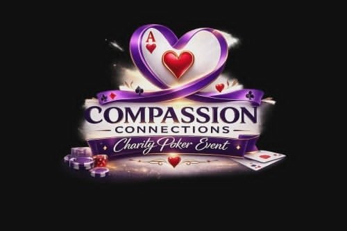Logo for Compassion Connections charity poker event featuring a purple and white heart with a red heart inside, surrounded by poker chips, playing cards, and a banner with event name.