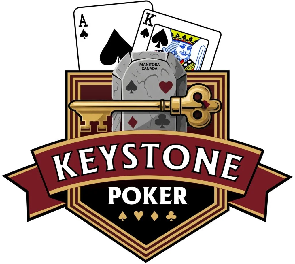 Logo for Keystone Poker featuring playing cards, a key, a stone with a heart and spade symbol, and a banner with the text 'Keystone Poker'.