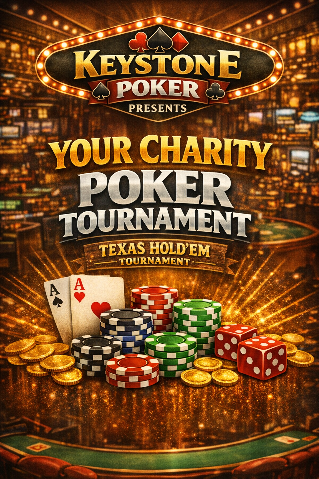 A promotional poster for a charity poker tournament, featuring a background of a casino with bright lights, poker chips, playing cards, dice, and gold coins.
