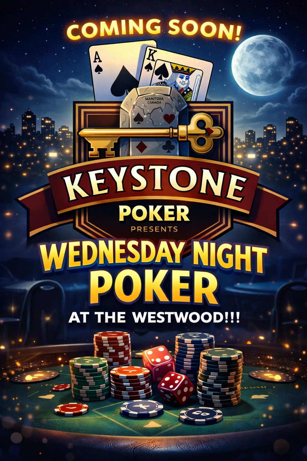 Promotional poster for Keystone Poker's Wednesday Night Poker event at The Westwood, featuring a city skyline, a full moon, playing cards, a key, a globe, poker chips, and dice.