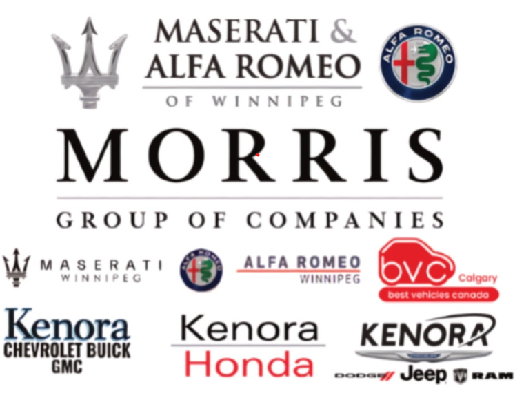 Logo display of Maserati & Alfa Romeo of Winnipeg and Morris Group of Companies, including brands Maserati, Alfa Romeo, BVC Calgary, Kenora Chevrolet Buick GMC, Kenora Honda, Kenora Dodge Jeep Ram.