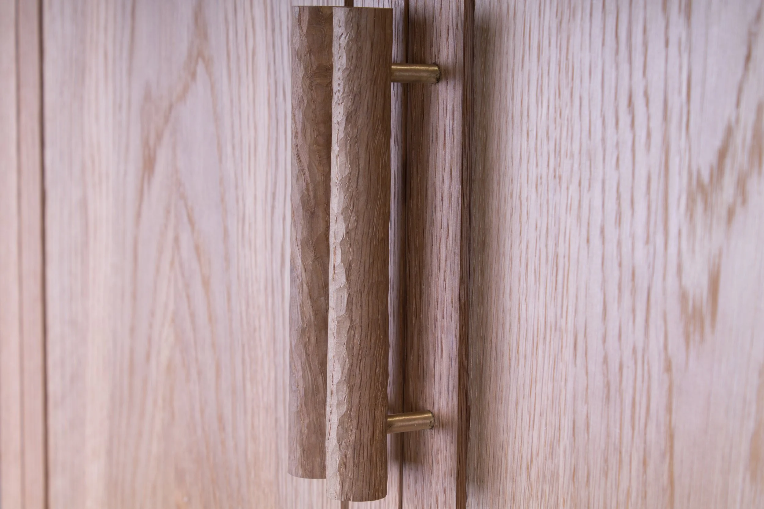 Close-up of a wooden cabinet door with a vertical brass handle.