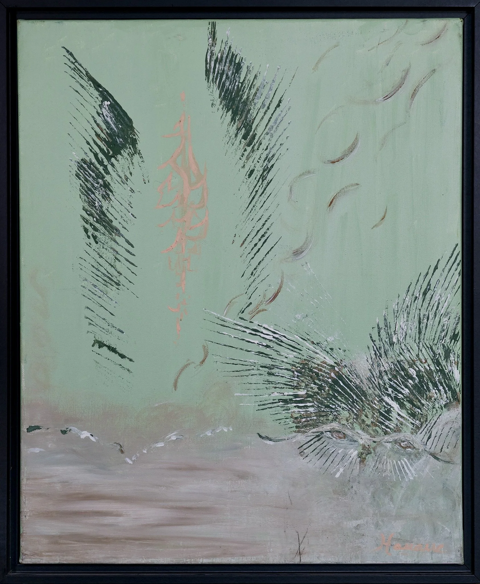 Peinture abstraite avec des formes de lignes, des formes courbes, et des couleurs pastel sur fond vert clair.