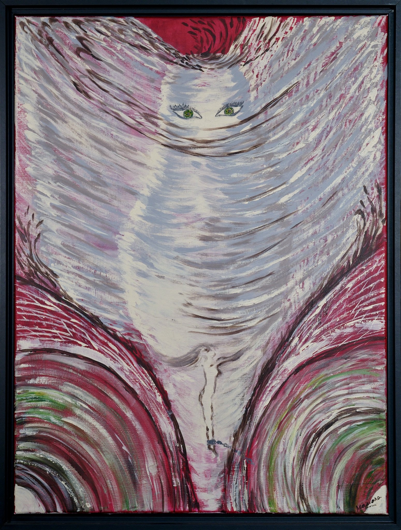 Peinture abstraite représentant une femme avec des yeux verts, de longs cheveux blancs, et un fond aux couleurs vives rouges, roses, et vertes. C'est une nymphe