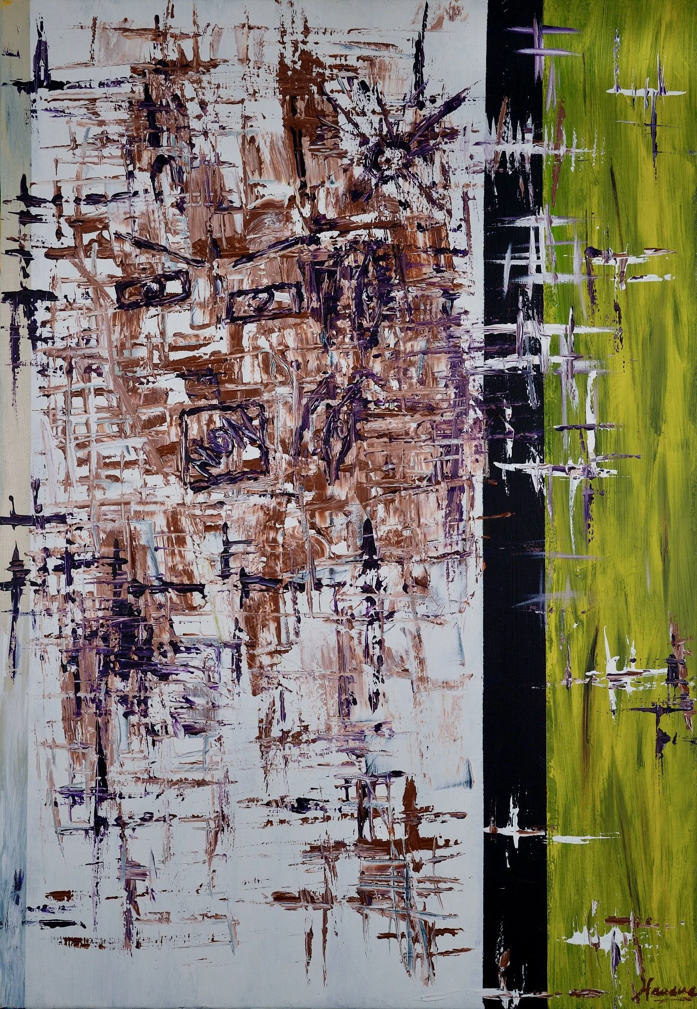 Peinture abstraite avec des lignes en brun, violet, blanc, noir et vert, représentant un paysage urbain et un ciel vert en arrière-plan. L'affirmation de soi personnalisée par le NON central.