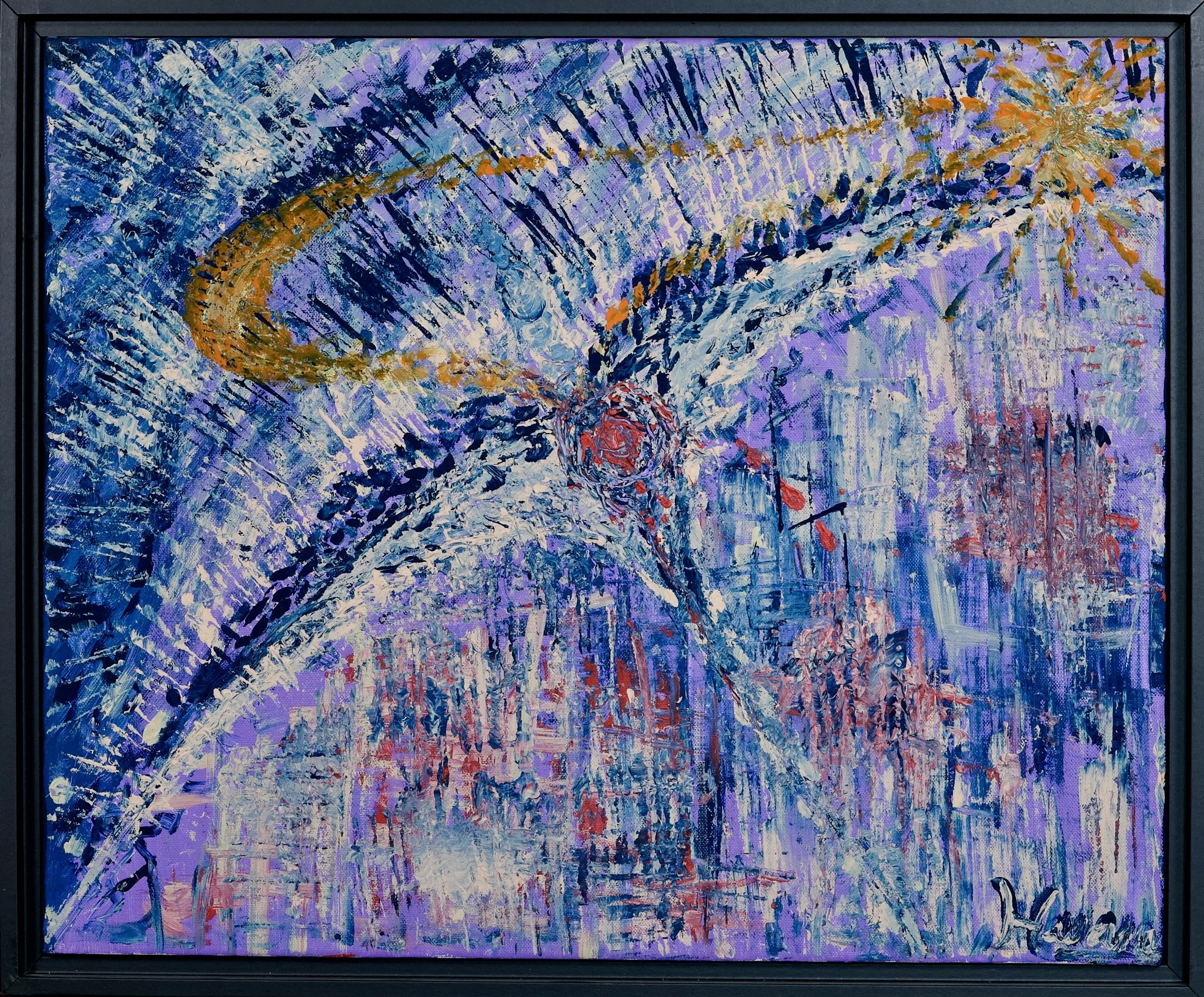 Une peinture abstraite représentant une scène de ballet ou de ballet aérien avec une figure féminine en mouvement, des couleurs dominantes en bleu, violet, blanc, avec des touches de rouge, orange et noir.