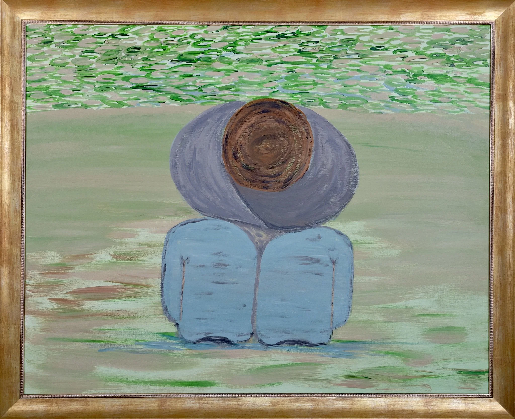 Tableau représentant une personne assise de face, les jambes fléchies et la tête enfouie dans les bras entourant les genoux, dans un style impressionniste. Fond de verdure et d'eau.