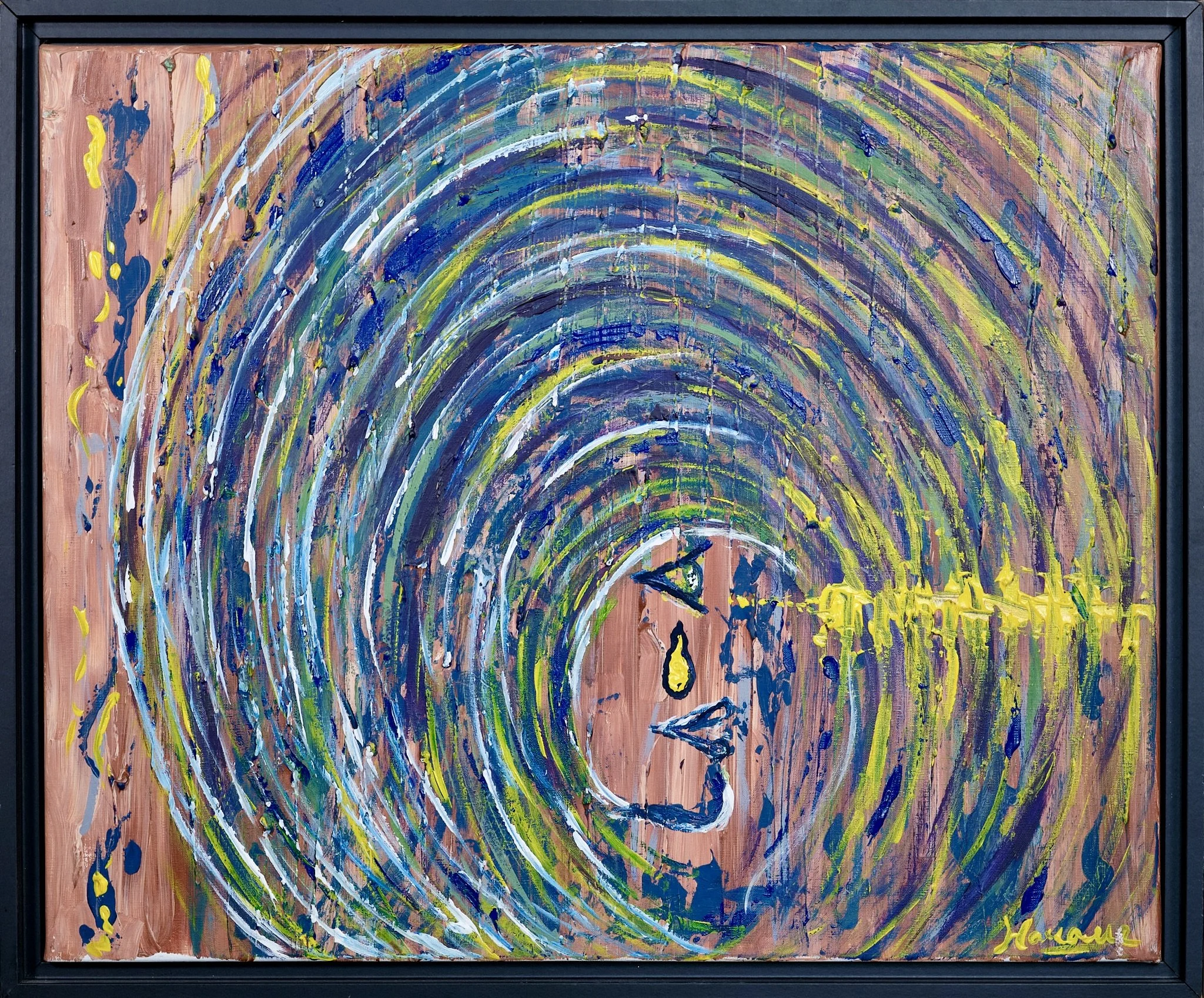 Peinture abstraite représentant un visage de profil avec une larme, entouré de cercles colorés, avec des touches de jaune et de bleu, signé en bas à droite.