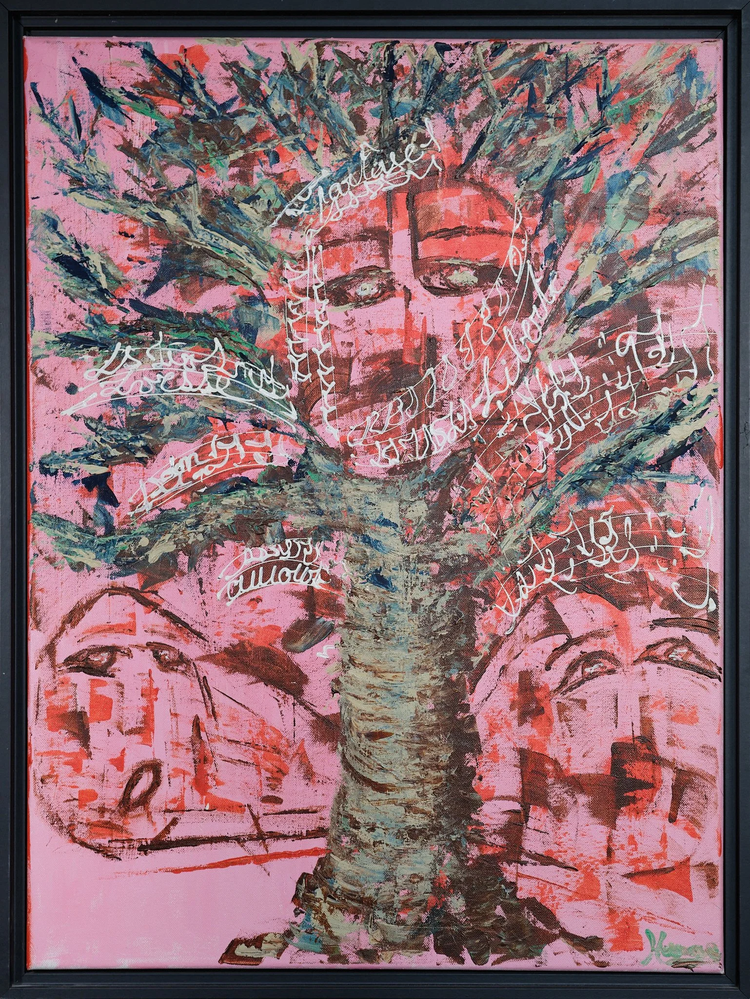 Peinture abstraite représentant un visage féminin au centre entouré de branches d'arbre ou feuilles, avec des éléments de texte en cursive blanche intégrés dans l'œuvre, fond rose avec des touches de couleurs variées. C'est l'arbre de vie.