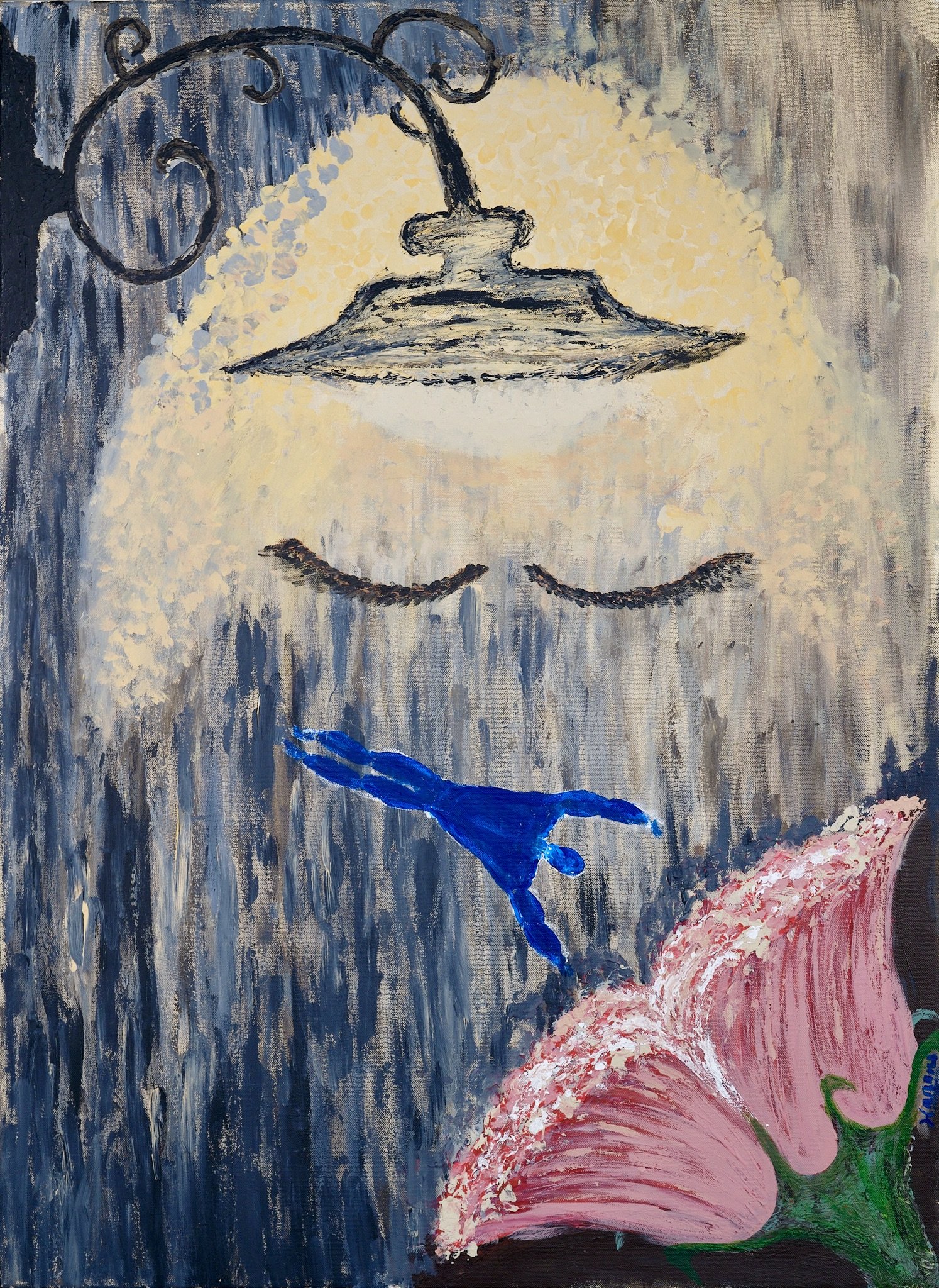 Peinture abstraite représentant un visage avec des yeux fermés, une lampe suspendue au-dessus de la tête, une figure humaine bleue plongeant d'une fleur rose au bas, style artistique expressif.