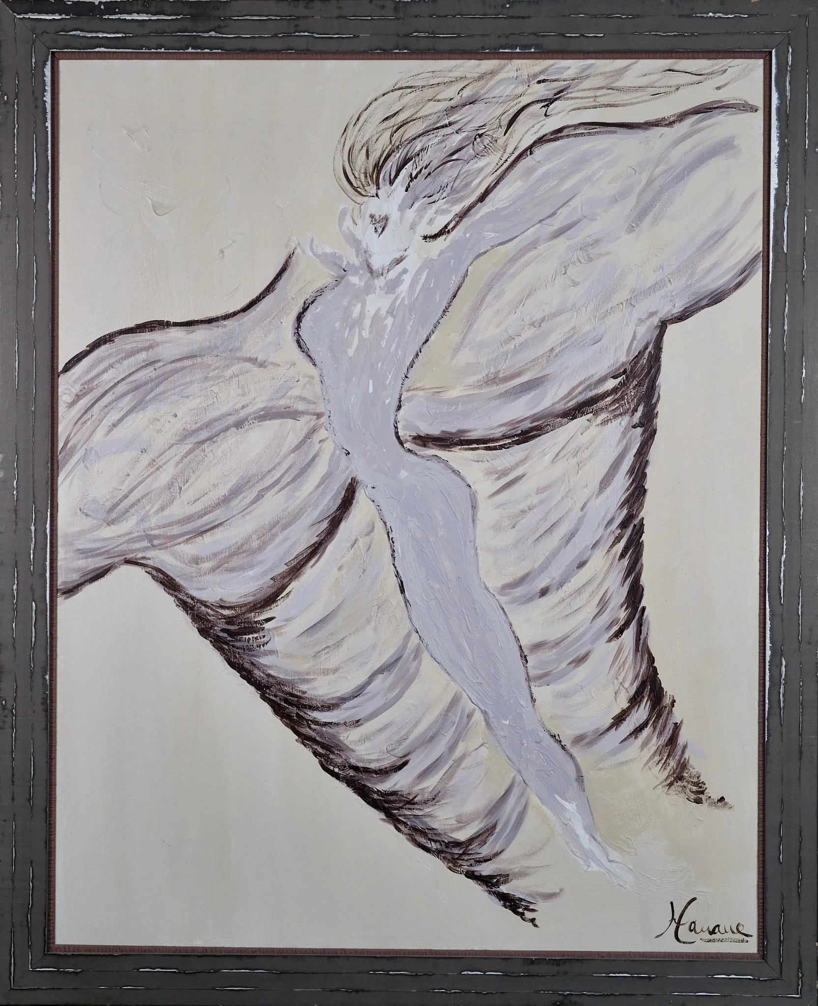 Peinture abstraite représentant un homme musclé en mouvement avec des traits fluides en tons neutres et sombres. Avec le corps d'une femme en colonne vertébrale