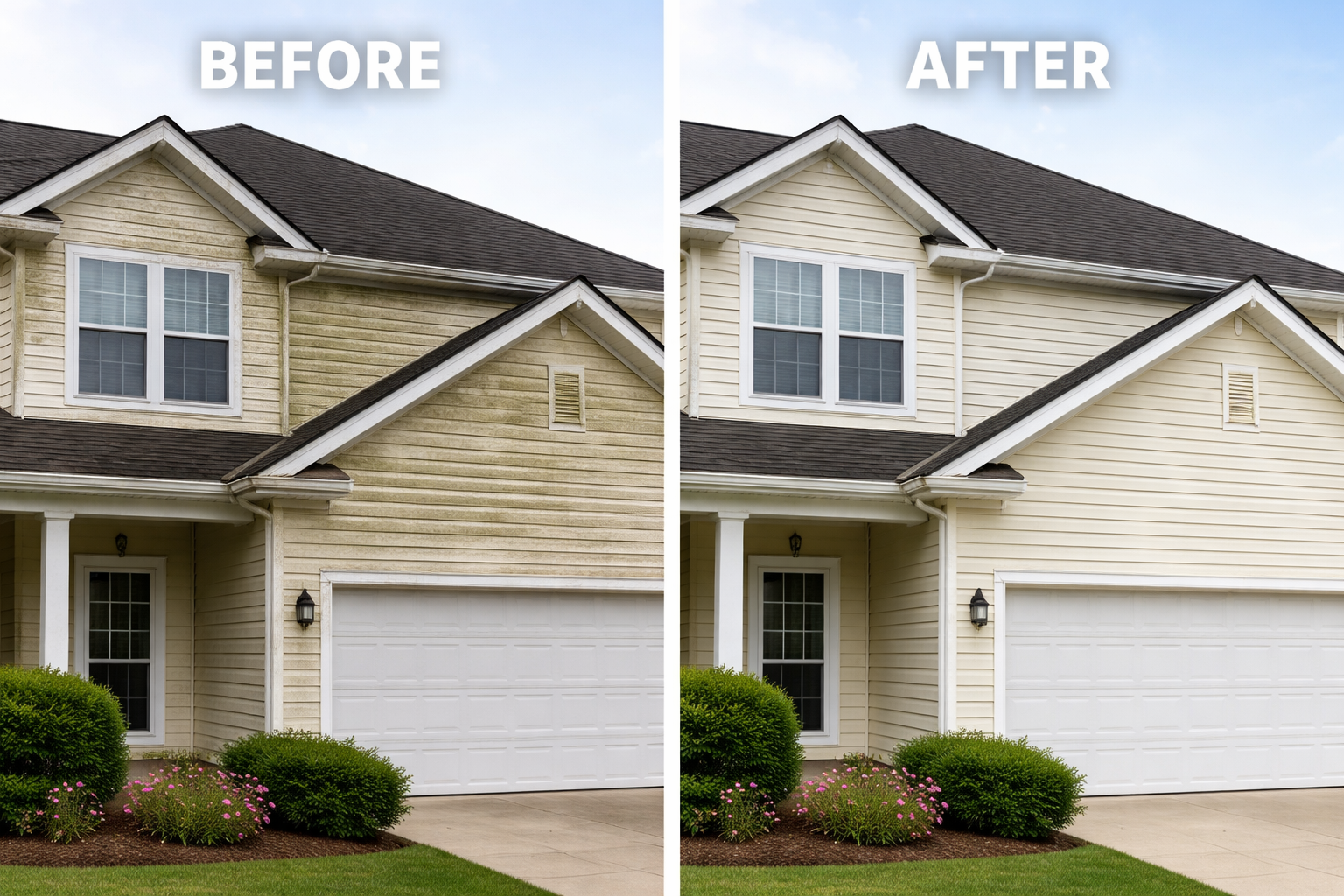 Side-by-side comparison of a two-story house showing before and after cleaning and repainting. The house's siding is cleaner and brighter in the after image, with a fresh coat of paint. The garage door and windows are clearly visible, with well-maintained bushes and a lawn in the foreground.