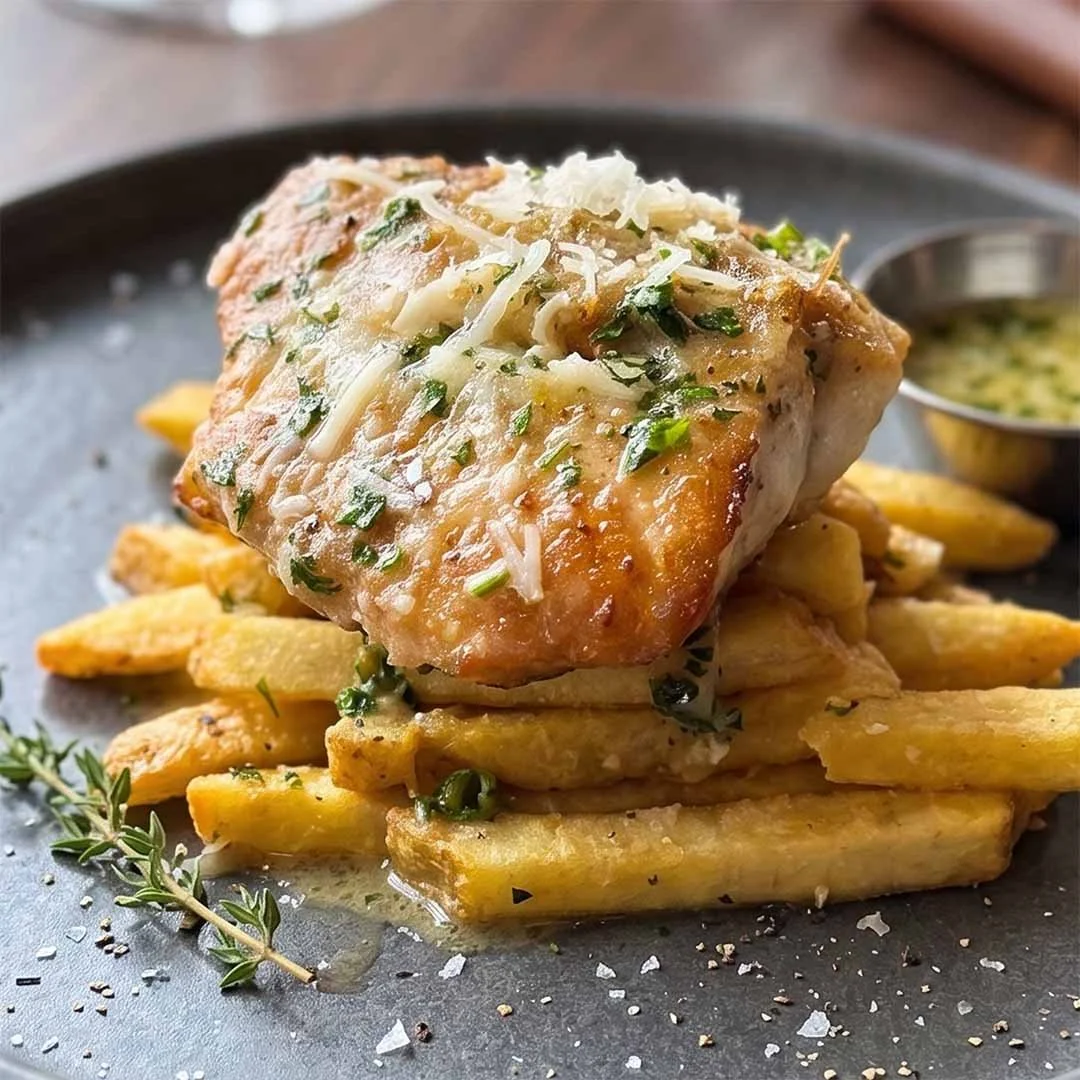 A plate of French fries topped with a cooked piece of fish, shredded cheese, chopped herbs, and served with a side of green sauce.