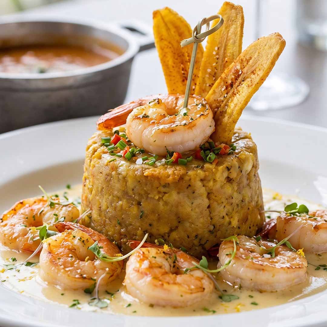 A plate of shrimp and grits garnished with chives, served with crispy plantains on top and crunchy plantain chips on the side.
