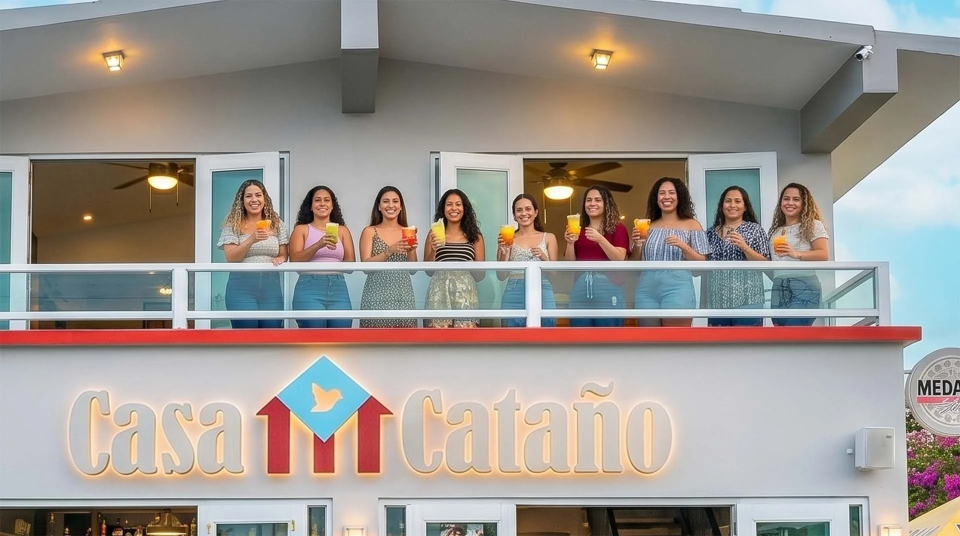 Ten women standing on a balcony holding colorful drinks, smiling, with a building and sky in the background.