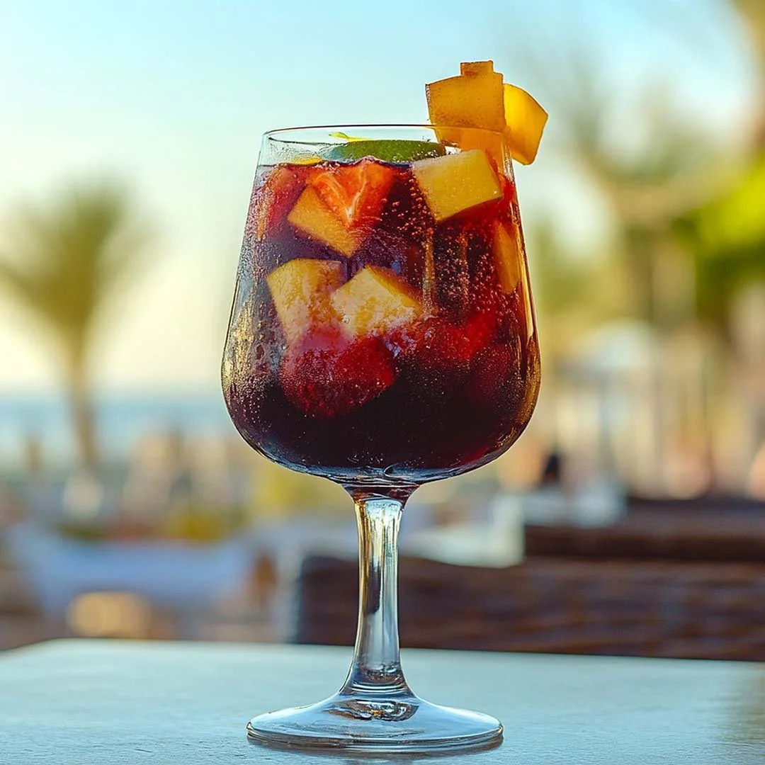 Glass of red sangria with fruit pieces, including pineapple and strawberries, on a white surface with a blurred outdoor background.