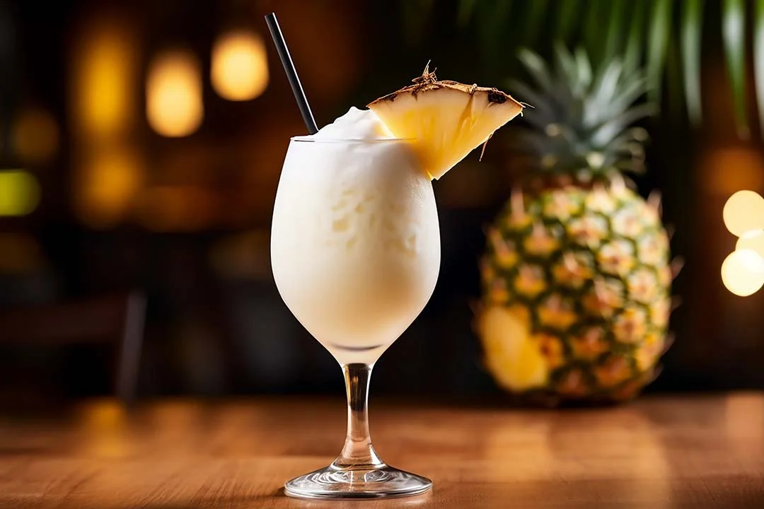 A tropical cocktail garnished with pineapple slice with straw on a wooden table, blurred background with pineapple and warm lights.