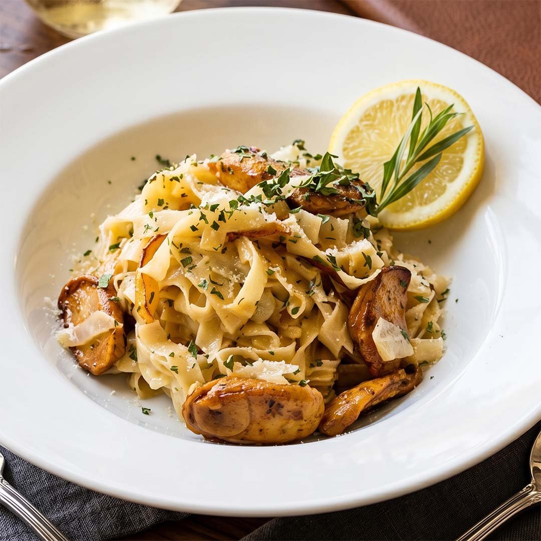 Plate of fettuccine pasta with mushrooms, garnished with chopped herbs and a lemon wedge.