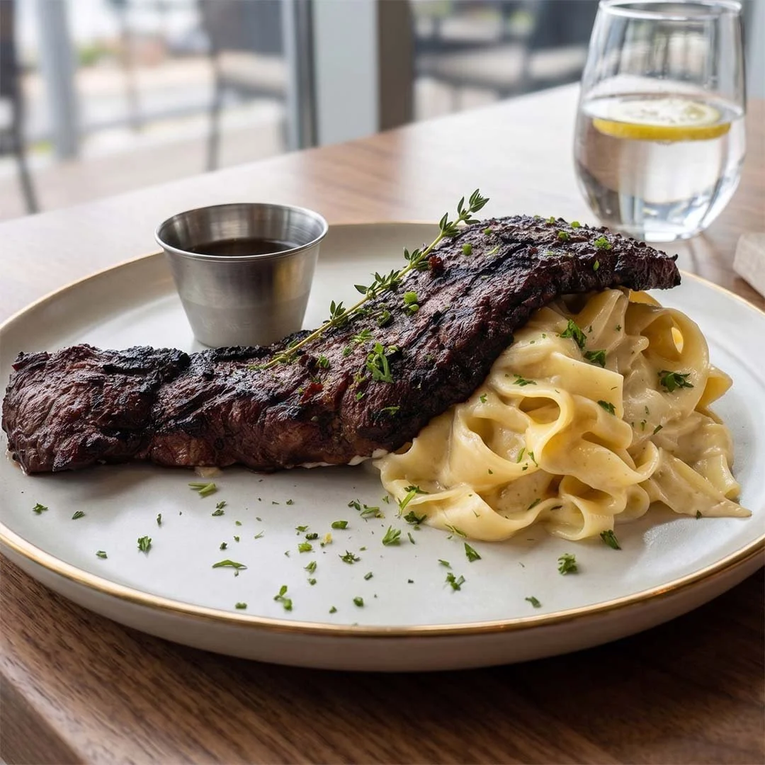 A plate of barbecued ribs served with creamy fettuccine Alfredo, garnished with chopped herbs, with a glass of water with lemon and a small container of dipping sauce on a wooden table.