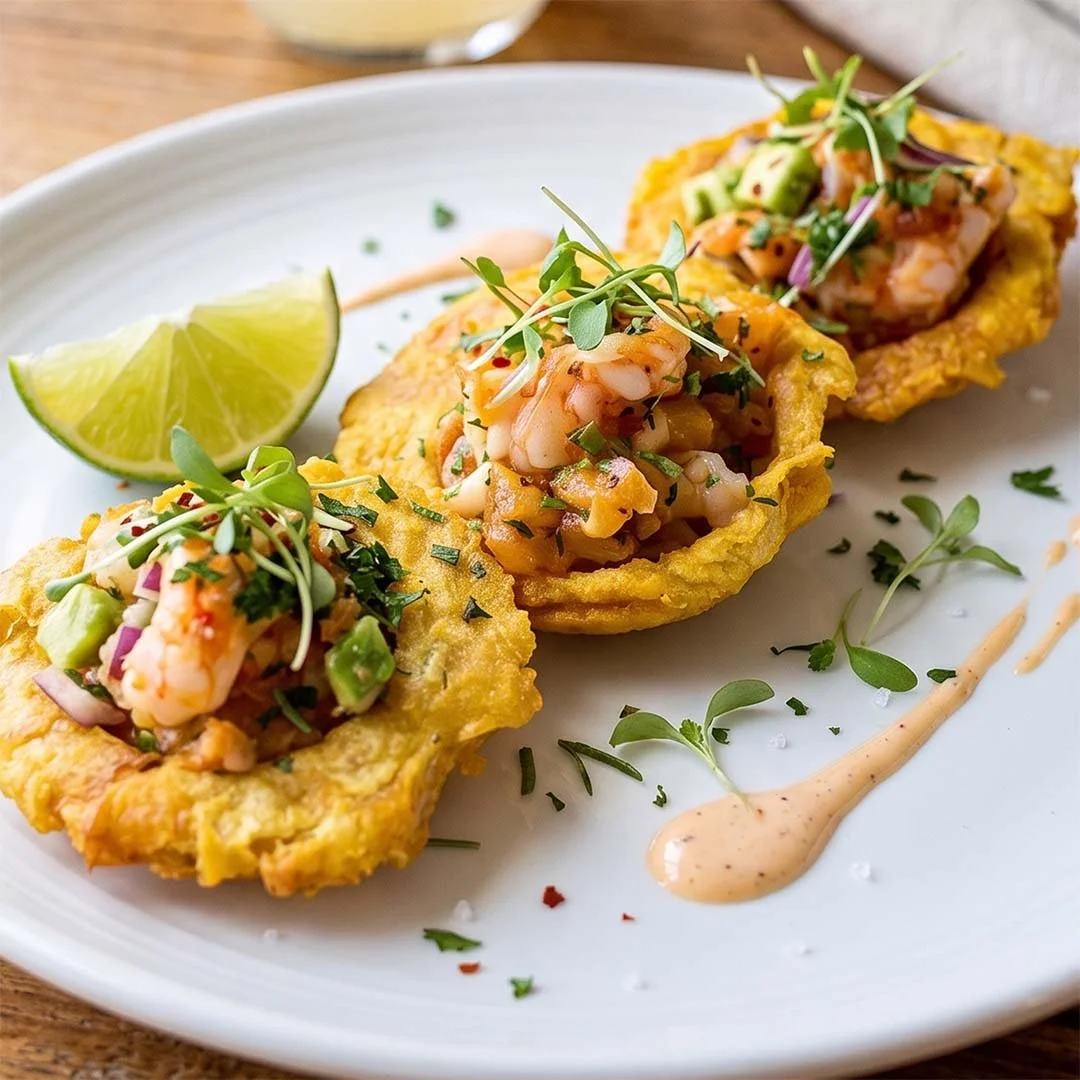 Three Mexican-style stuffed fried fish fillets topped with shrimp ceviche, microgreens, and a lime wedge on a white plate with a drizzle of sauce and garnishes.