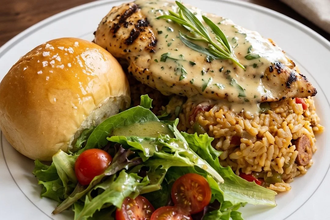 Grilled chicken breast with herb sauce, rice pilaf, dinner roll, and side salad with cherry tomatoes and mixed greens on a white plate.