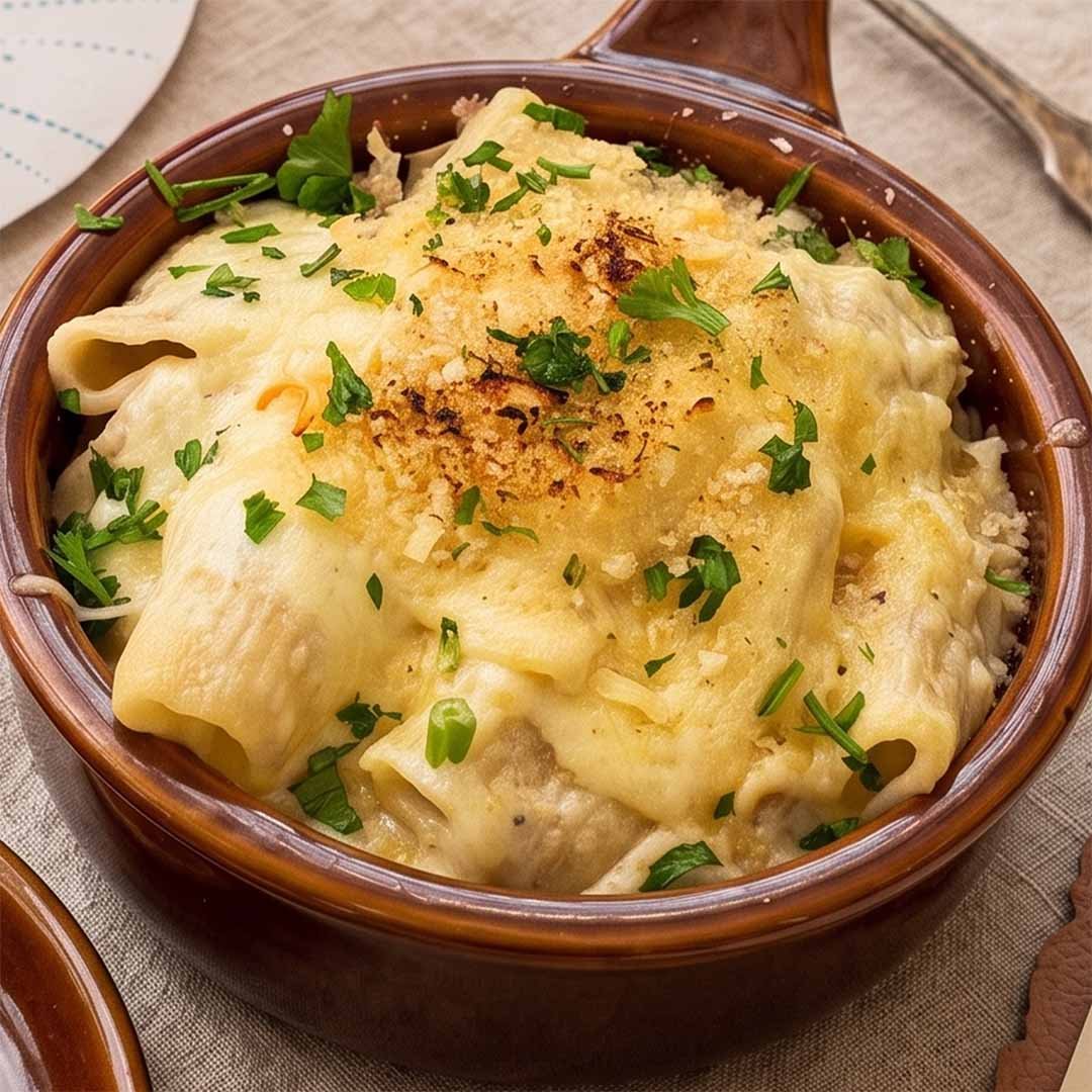 Baked pasta with cheese, garnished with chopped parsley and breadcrumbs in a brown ceramic dish.
