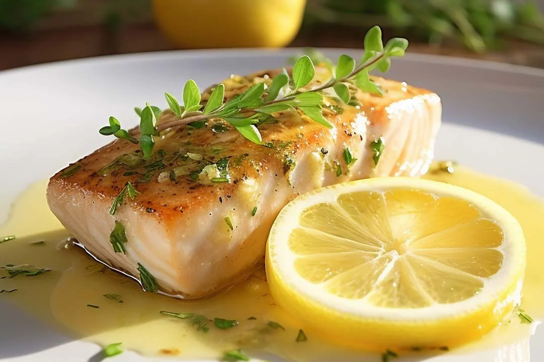 Pan-seared salmon fillet garnished with herbs, served with a slice of lemon and lemon sauce