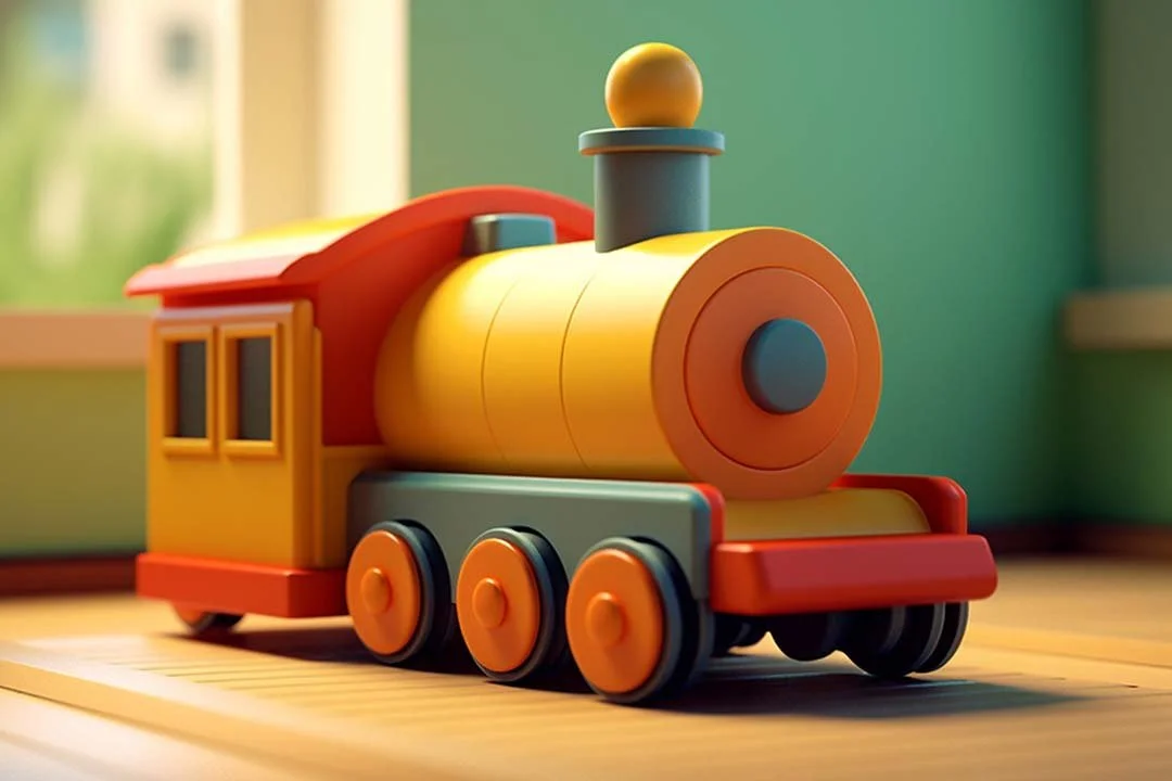 Colorful wooden toy train on a wooden floor near a window, with a green wall in the background.