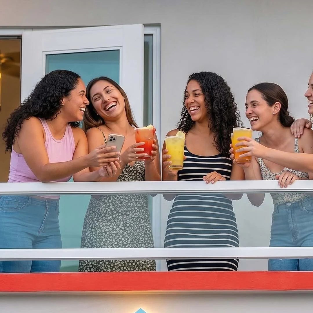 Five women standing on a balcony, smiling and holding colorful drinks, enjoying a social gathering.