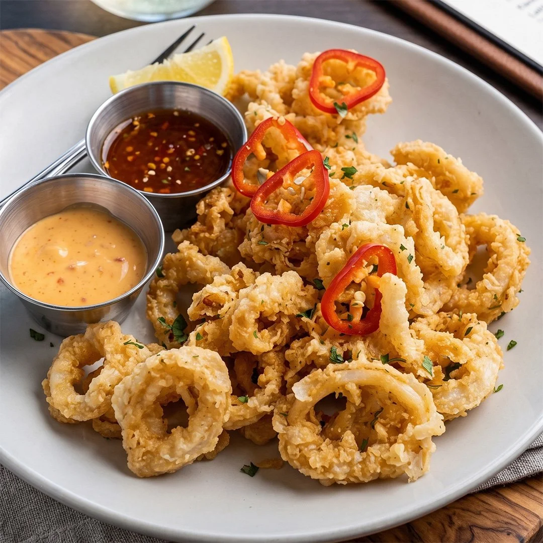 Fried calamari with red chili pepper slices, lemon wedges, and two dipping sauces on a white plate.
