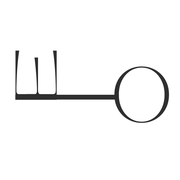 A simple black and gray line drawing of a key with a round head and three small teeth.