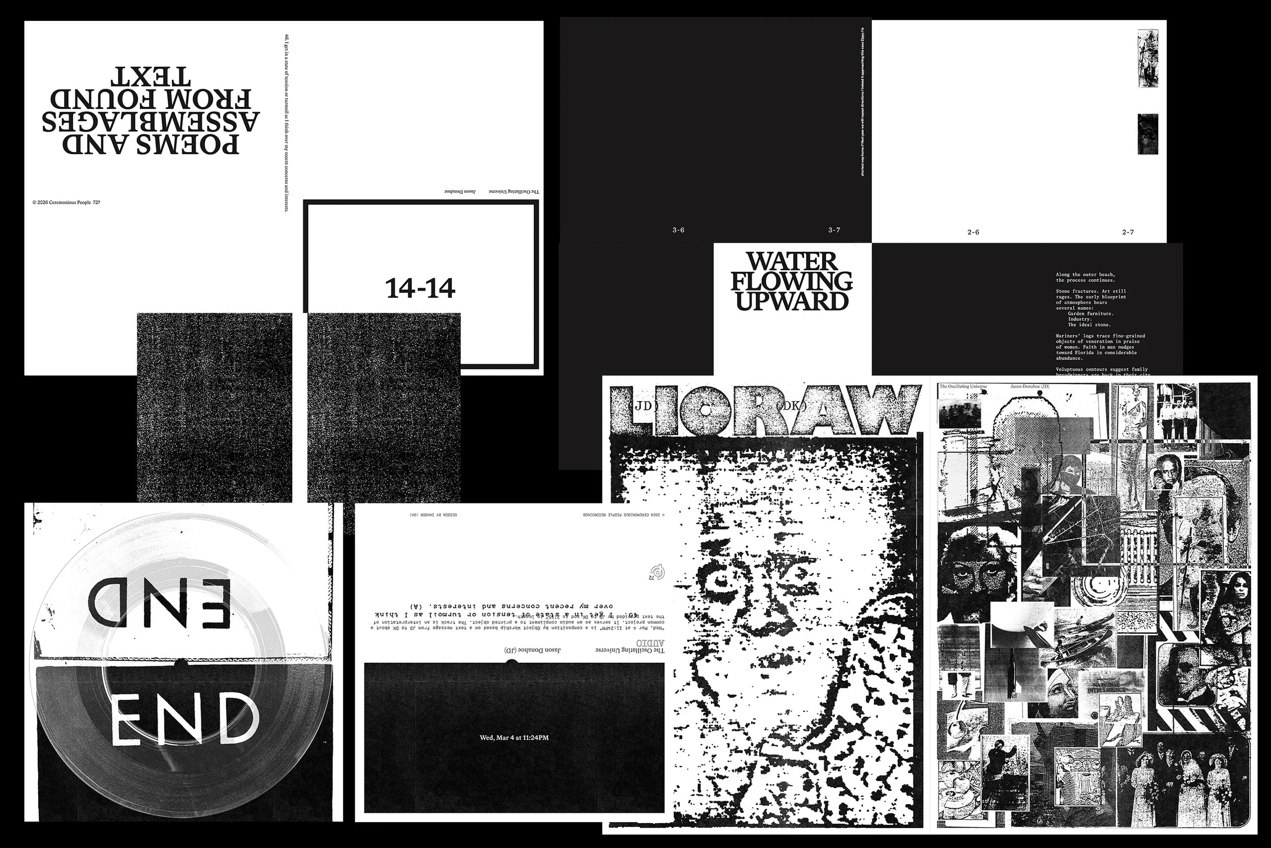 A collage of black and white graphic designs and photographs, including text, patterns, and portraits.