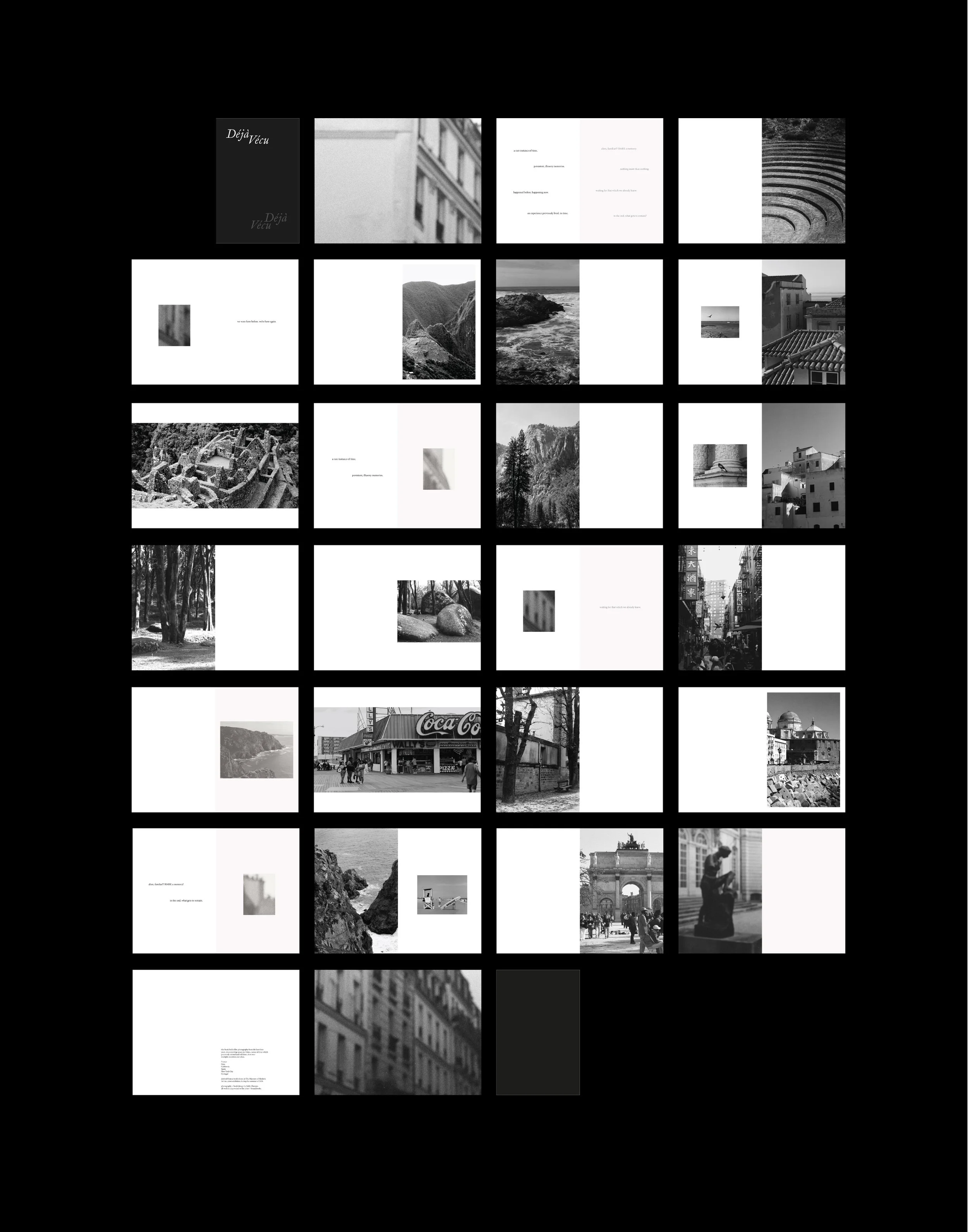 A collage of black and white photographs and text pages arranged in a grid, displaying cityscapes, landscapes, and artwork.