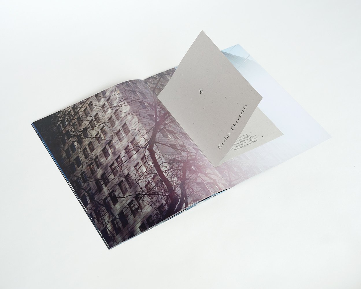 Open book with a photograph of a building and a tree, along with a card displaying the name Carlos Chavaría.