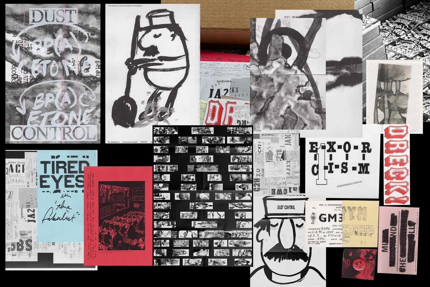 A collage featuring various black and white and colored graphics, photographs, and text, including abstract illustrations, repetitive images, and bold statements like "Tired Eyes" and "Dust Control."