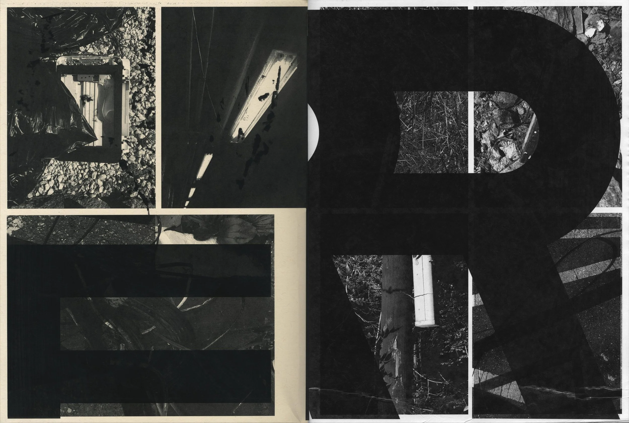 Black and white collage with various abstract shapes and textures, including a large letter 'R' overlaid on other images of outdoor scenes and objects.