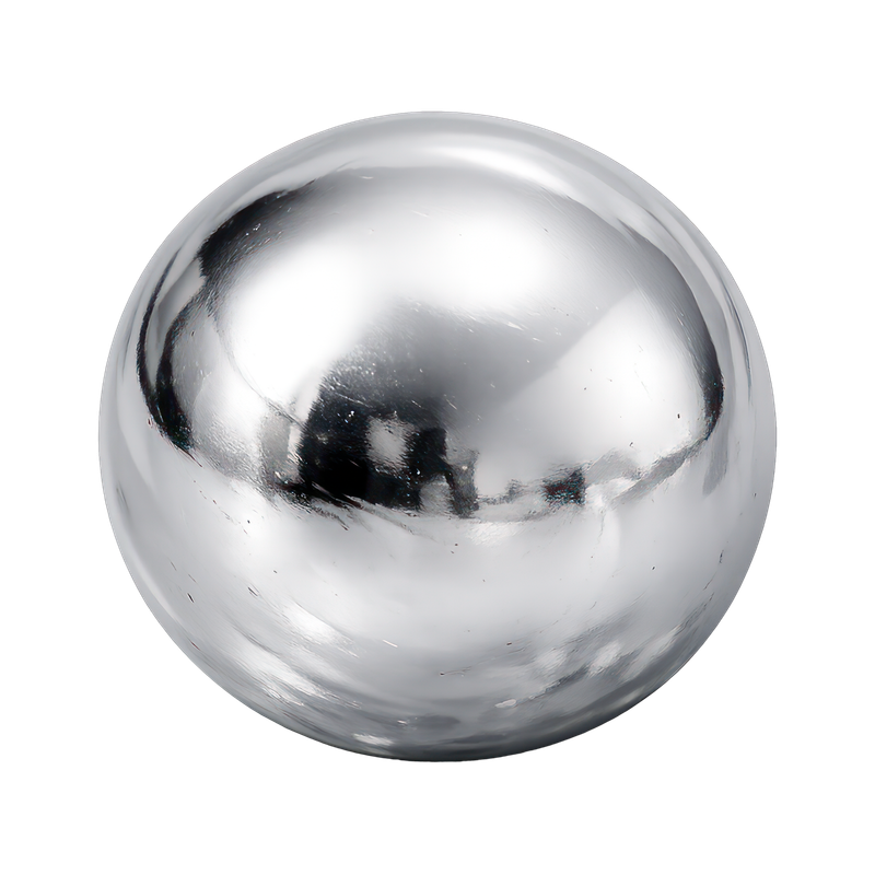 A shiny, metallic silver sphere with a reflective surface