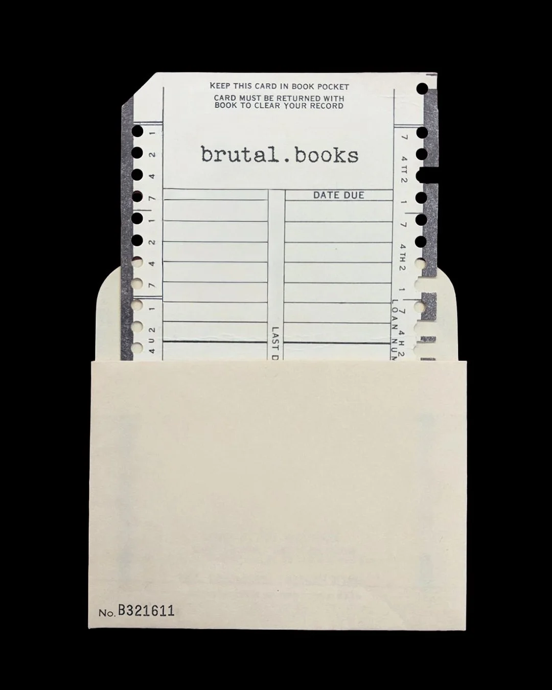A white library checkout card with the text 'brutal.books' at the top, partially inserted in a white envelope, against a black background.