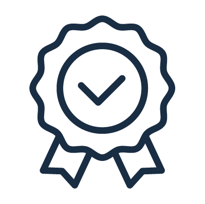 A certification badge with a checkmark inside a circle, surrounded by a ribbon border.
