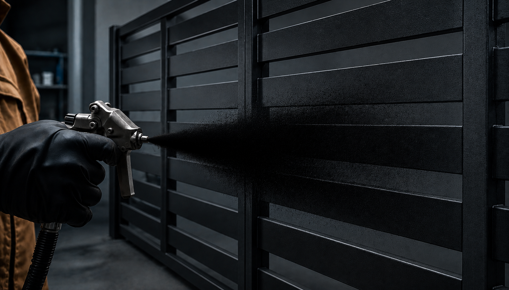 A person wearing black gloves is using a spray gun to paint or coat a black metal cabinet.