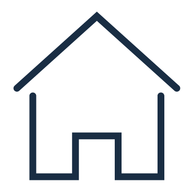 A simple line drawing of a house with a triangular roof, four walls, and an open door in the center.