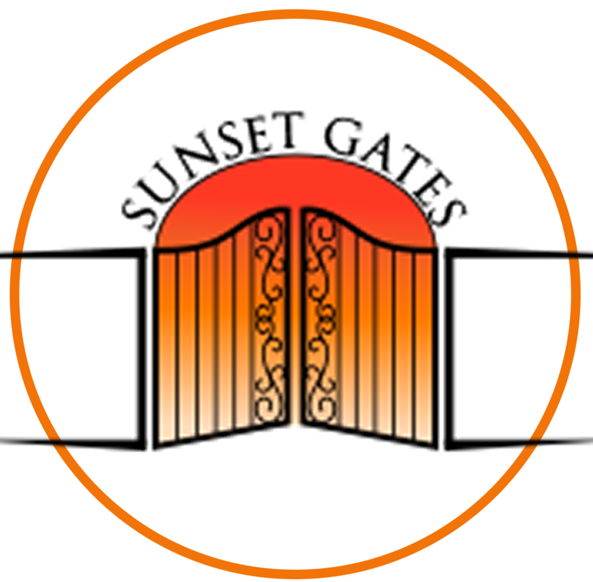 Sunset Gates logo with a stylized sunset and an ornate gate, featuring the text 'Sunset Gates' above the gate illustration.