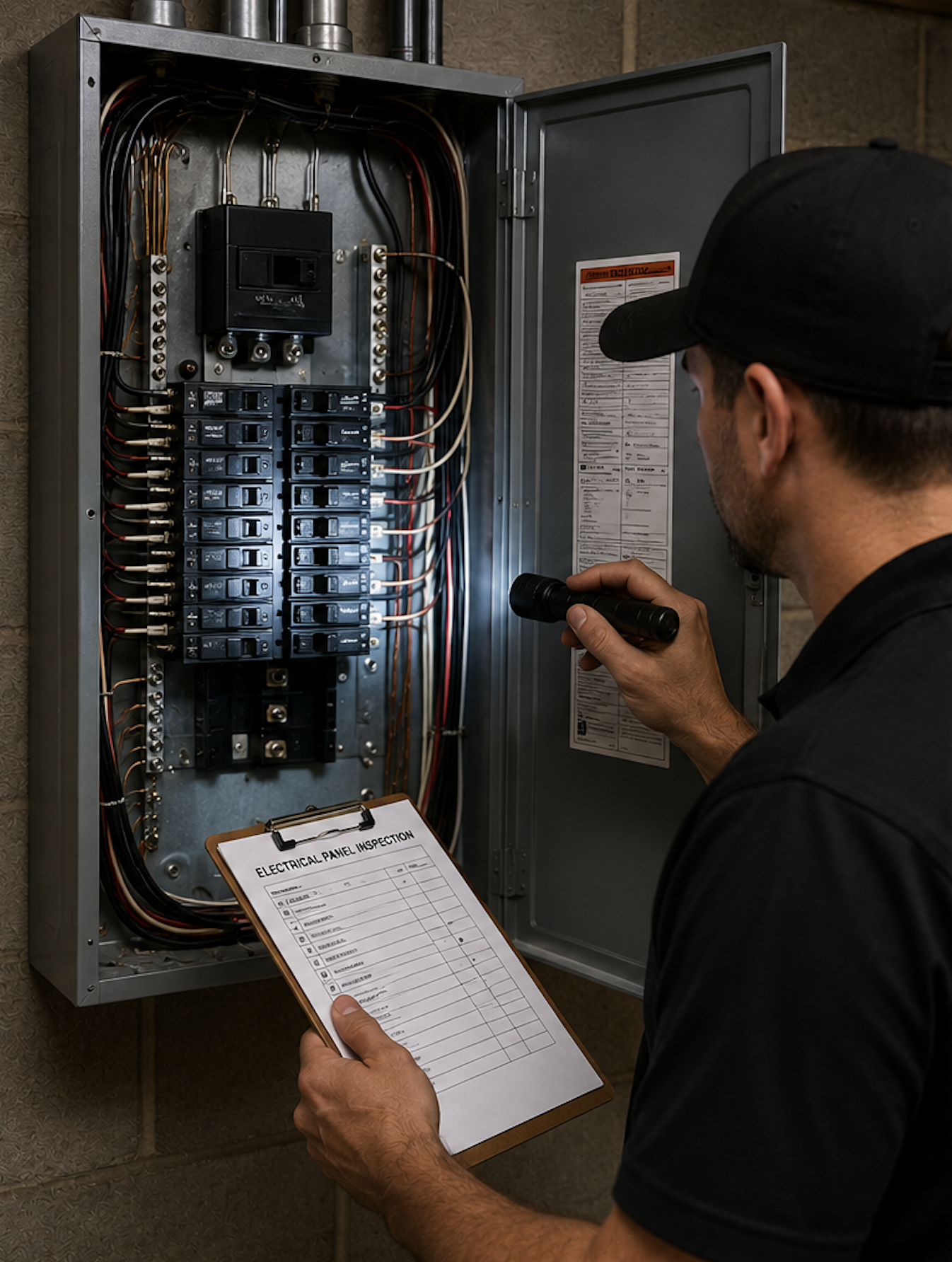 A man inspecting an electrical panel with a flashlight, holding a clipboard with a checklist titled 'Electrical Panel Inspection'. The open panel reveals wiring and circuit breakers inside.