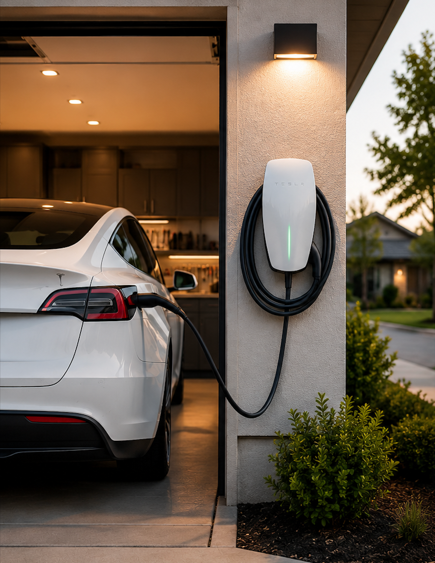 A white Tesla electric car charging at a home garage with a Tesla wall charger mounted on the exterior wall, illuminated by an outdoor wall light during dusk, with greenery nearby