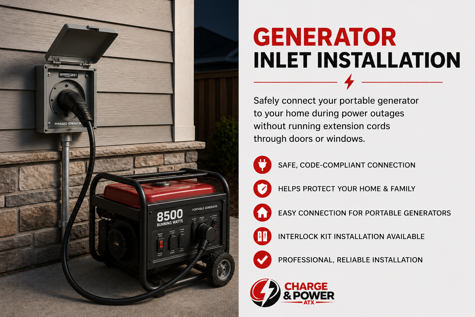 Generator inlet and interlock kit installation by a licensed Master Electrician. Safe backup power solutions for Austin-area homeowners.