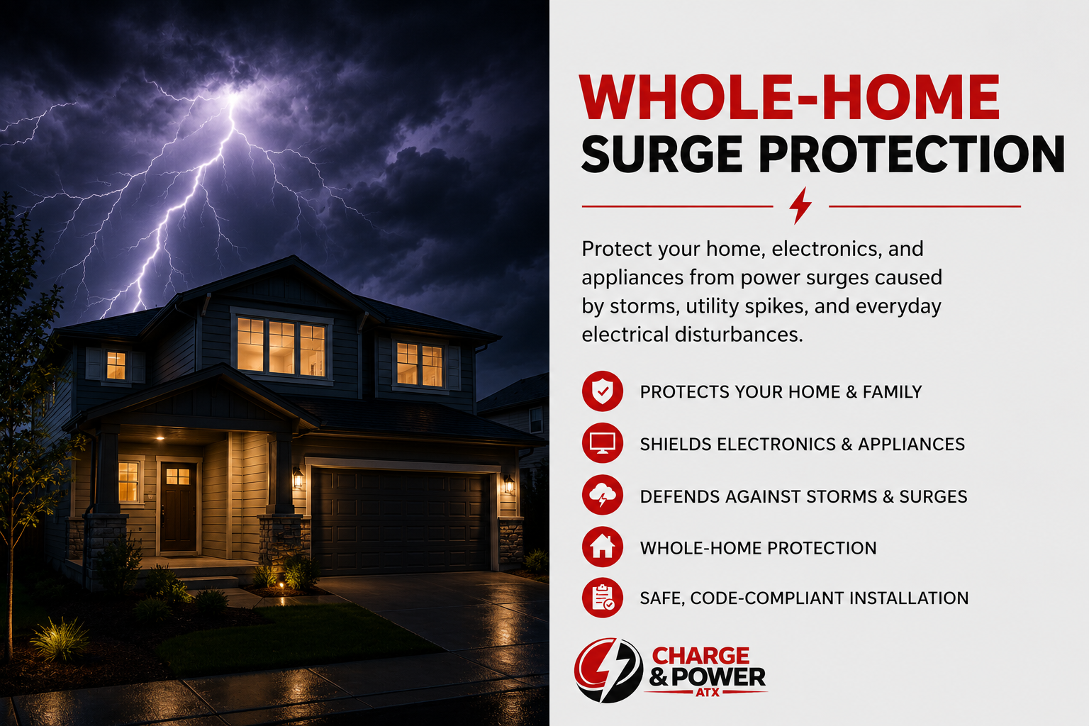 Whole-home surge protection installation by a licensed Master Electrician. Protect electronics and appliances from damaging power surges.