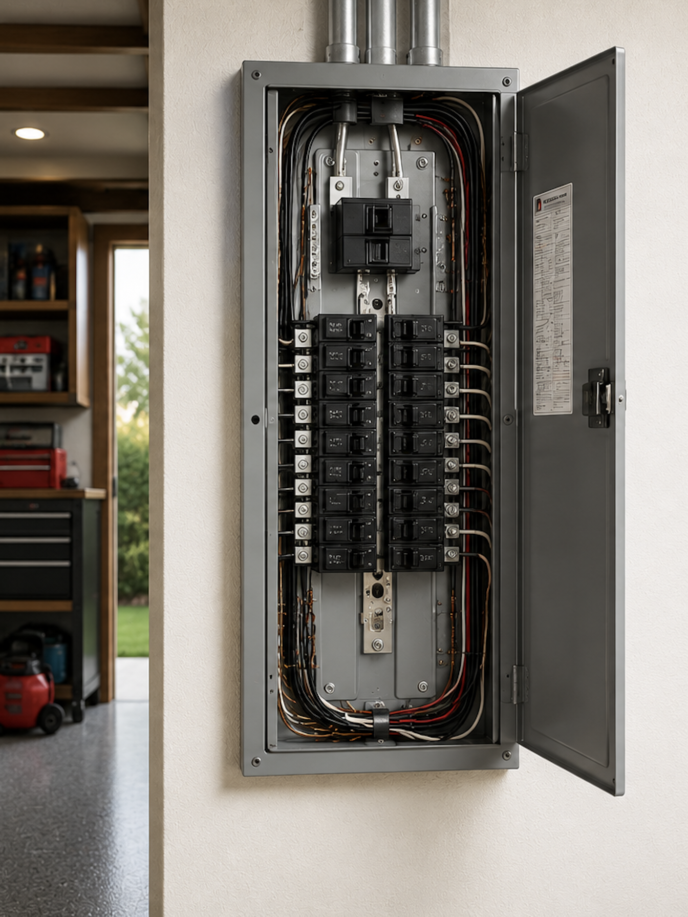Open electrical panel with circuit breakers, wiring, and conduit in a wall of a home or building.