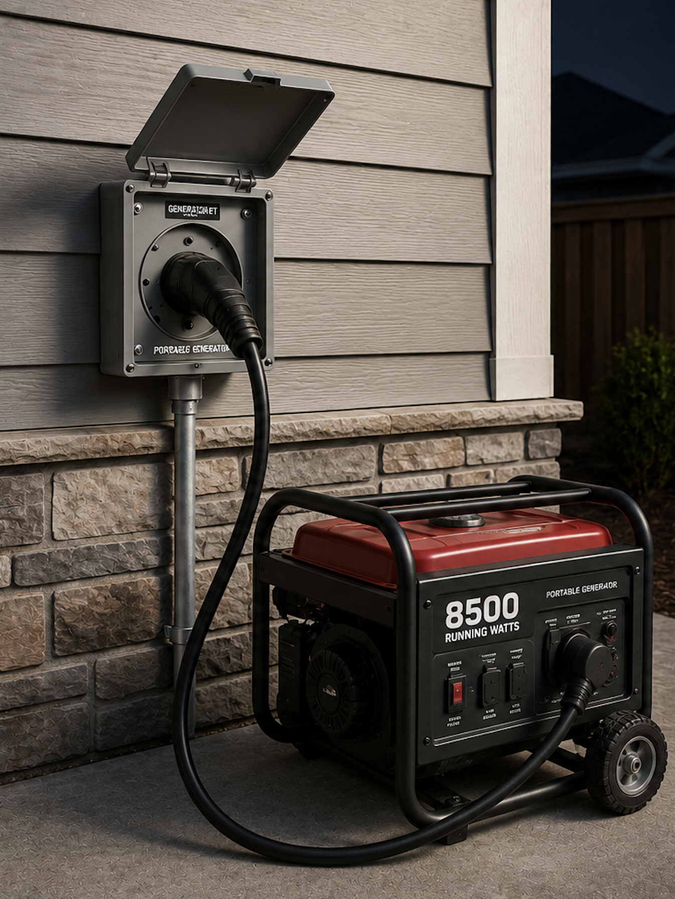 An outdoor electrical generator with a power cord plugged into a weatherproof outlet box mounted on a house exterior wall. The house has beige vinyl siding and a stone foundation.