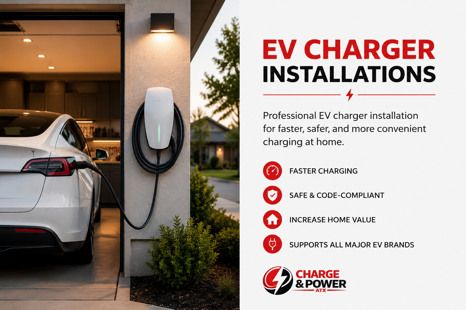EV charger installation for Tesla and all EV brands. Licensed Master Electrician serving Austin, Cedar Park, Leander, Georgetown, and Lago Vista.