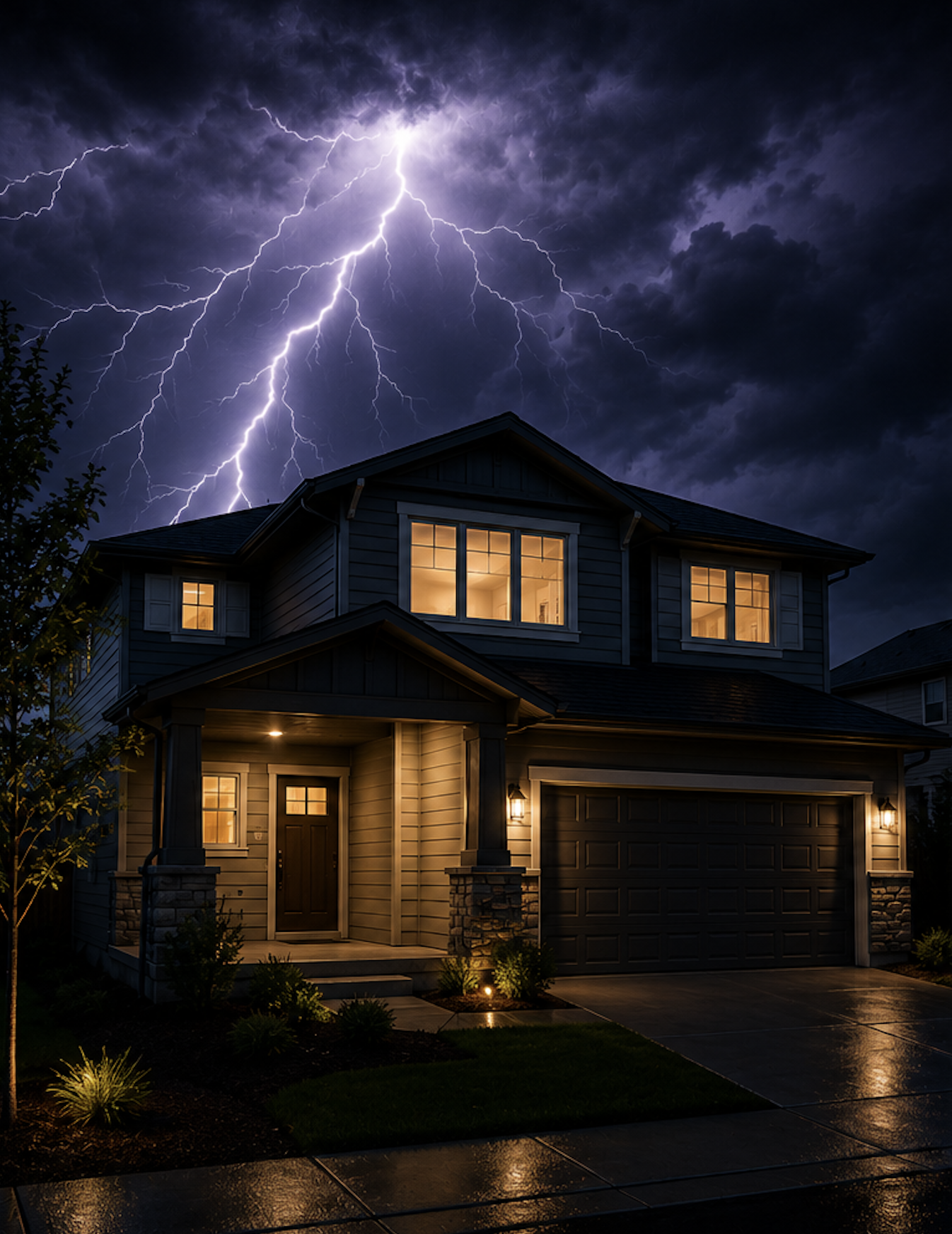 A two-story house with illuminated windows during a thunderstorm, lightning in the dark sky, and wet pavement in the front yard.